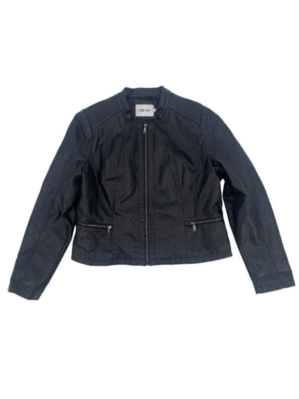 Black Vegan Faux Leather Zip Up Moto Jacket Grunge Little Gem Women's Size Large